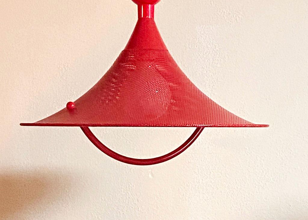 Post Modern Ceiling Lamp Red Perforated Metal Design Memphis Hanging Lamp Variable Height Pull Cord Elegant Top Condition