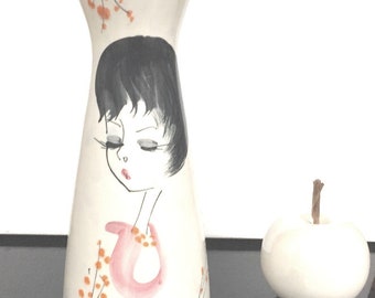 MCM Italian Ceramic Vase Hand Painted Design Vase by S.I.C. Space Age girl , white black pink watercolor girl 1960s