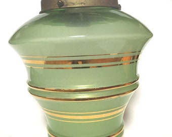 Art Deco ceiling lamp glass pendant lamp, 30s light green glass hanging lamp gold stripe,,brass glass pagoda shade stepped rar