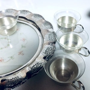 Art Deco tea cup tray lace tulle, silver-plated chrome tea glasses with glass insert Jena Glas, tray organza behind glass 30s