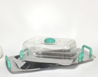Stainless steel turquoise storage jars, WMF serving set postmodern chrome breakfast jam bell cheese bowl, vintage candy glass 70s-80s