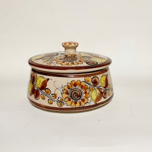 Mexican tureen Tonala handmade art ceramic Tonala signed unique lidded box Tonala Mexico folk art hand painted flowers 1970s