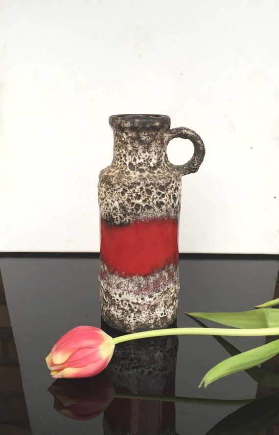 60s Red Lava Vase, Scheurich Ceramic Red-white-brown, Red Fat Lava 