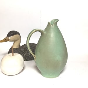 Antique German ceramic art vase, turquoise glaze, duckbill opening, Bauhaus naturalistic rare handmade unique 1930-40s