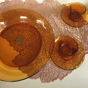 Amber glass cups, 1970s Duralex XL glass bowl + cups / saucers, set Duralex France 13 parts, yellow glass 60s 70s Modernist
