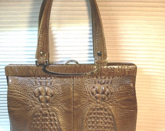 Vintage Alligator Embossed Hand Bag Brown Gold / Elegant Clutch Melbourne -Texture Crocodile Bag Vinyl Faux Reptile Bag 1960-70s