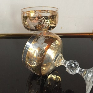 Wine glasses gold rim grapes Bohemia crystal glasses set of 2, floral cut Hollywood Regency glasses dinner, rare champagne bowls