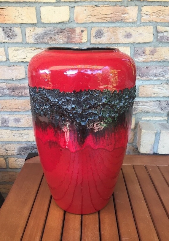 赤い陶器の花瓶 赤いフロア花瓶、手作りのファットラバデザインの花瓶、ドイツ、1960