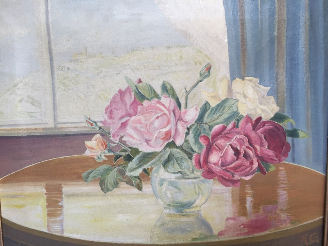 Oil Painting Roses Pink White Roses Old Still Life Flowers in Glass ...