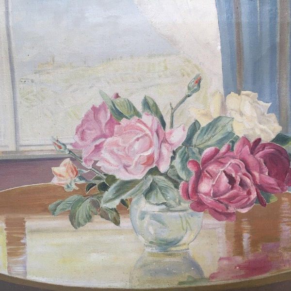 Peinture à l'huile roses roses roses blanches ancienne nature morte fleurs dans vase en verre, scène d'intérieur vase en verre château cadre argenté Allemagne années 30