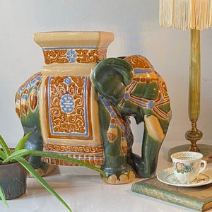 Elephant Ceramic XL Plant Stand Jade Green Orange Light Blue Relief Handmade Hand Painted Glaze Side Table Garden Culture 1960-70s