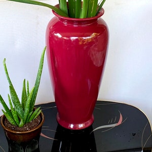 May include: A deep red ceramic vase with a glossy finish. The vase is tall and slender, with a rounded base and a flared lip. It is filled with green leafy plants.