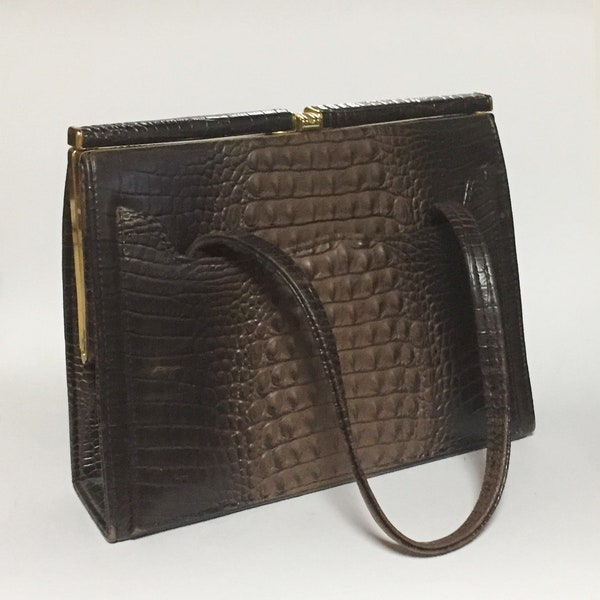 Sac à main Crocodile Look, Vintage brown beige Kelly Bag Style Handbag, aussi bon que neuf doublé en cuir intérieur, comme nouveau sac design reptile 60s