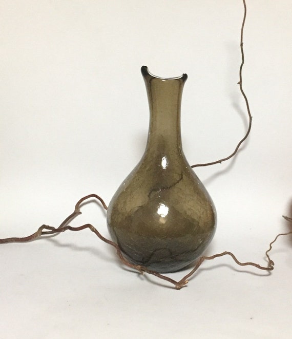 ミッドセンチュリーのスモークガラスの花瓶、手作りのクラックルガラス