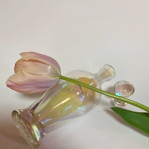 May include: A clear iridescent glass bottle with a single pink tulip inside. The bottle has a round, bulbous base and a long, slender neck. A small, clear glass stopper sits next to the bottle.