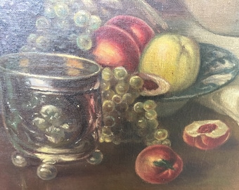 Oil painting lobster still life sea creatures after PAPPERITZ, Germany Supper wine fruits / canvas signed. antique