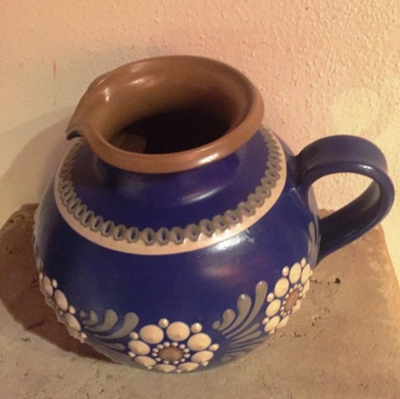 Vintage farmhouse cachepot blue-white german handcraft stoneware plantervase unique signed