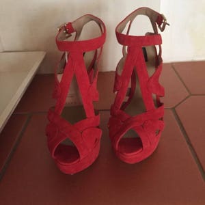 Red high heels, size 38.5 open strappy sandal, sexy shoes, party shoes, prom, engagement, red shoes, dating dance shoes image 2