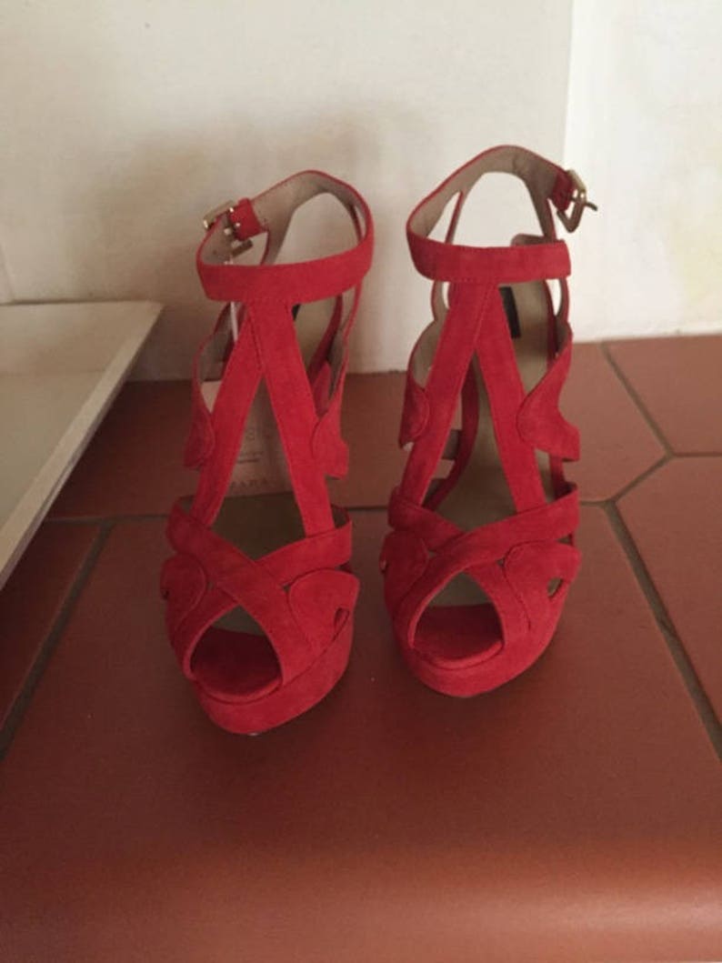 Red high heels, size 38.5 open strappy sandal, sexy shoes, party shoes, prom, engagement, red shoes, dating dance shoes image 2