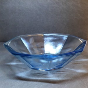 30s pressed glass bowl blue, octagonal shape serving bowl floral cut engraved collectible glass vintage kitchen home 1930s art deco glass