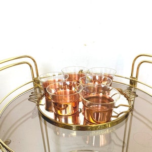 Copper tea glasses on brass mirror tray, original 50s 60s tea glasses Jenaer Glas, Germany 13 pieces stackable True vintage home