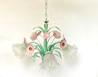 French Floral Chandelier Florentine Lamp Pink Turquoise Green Poppy Flowers Florentine Ceiling Lamp 3 Arms Original Vintage 70s