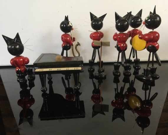 手作り猫オーケストラ猫バンド木彫りミニチュアアンティーク