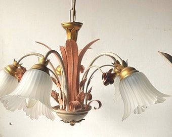 Vintage Florentine lamp pink roses ceiling lamp - 2 heights - Italian chandelier, 5 elegant glass shades in top condition 70s