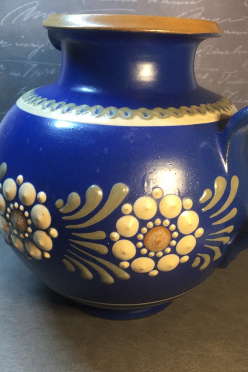 Vintage farmhouse cachepot blue-white german handcraft stoneware plantervase unique signed