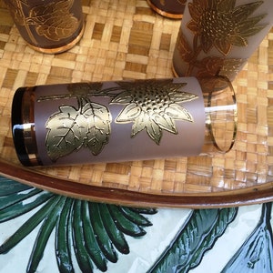 Highball glasses Sunflower gold emaillierT smoked glasses, glass set handmade, 24k gold paint juice glasses, Hollywood Regency 60s  bar ware