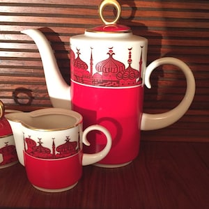 Porcelain mocha set design porcelain white red gold painting espresso set, espresso cups, rare complete service 60s 70s vintage