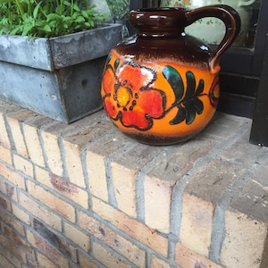 オレンジ色の溶岩セラミック花瓶 Scheurich、ドイツ ファット溶岩ハンドル花瓶 クラシックなハロウィーンの装飾 パンプキン花瓶 WGP 1960-70年代 ボヘミアンホーム
