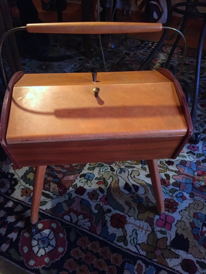 60s Mcm Mobile Sewing Table Sewing Box Utensilo Cabinet Teak Etsy