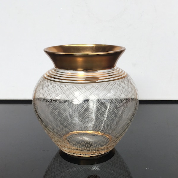 Podbira Glas Vase , Böhmen Feine Glasvase 24k gold bemalt hand-gefertigt , Haida ,Julius Mühlhaus   geometrisch Schliff 1910-30er Jahre