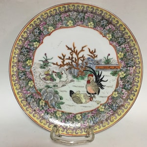 Wall plate China rooster handmade porcelain plate antique, scene hen and chicks, ducks coral, gold painted gold edge Hong Kong vintage