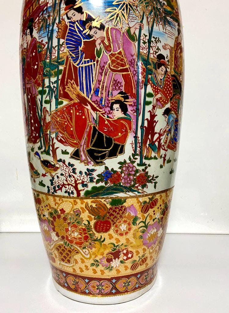 Gorgeous China Floor Vase GEISHA Scenery Porcelain Hand Painted Gold Painting Antique Chinese Vase Eyecatcher 24"