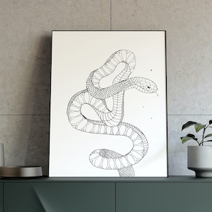 Snake wall art, boho snake art print, black and white trendy minimalist snake decor, grunge serpent wall art, boho snake living room print