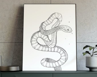 Boho Snake Art Print, Black & White Minimalist Serpent Drawing, Nature-Inspired Boho Decor
