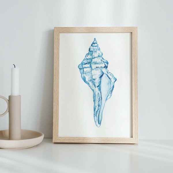 Seashell wall art, conch shell painting, coastal blue watercolor painting, summer print, beach decor, coastal cottage art, beach house gift