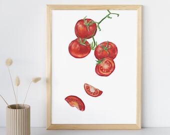 Tomatenkunstprint, kunst aan de muur boerderijkeuken, voedselillustratie, rustiek tomaatdecor