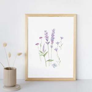 Lavender art print, floral wall art, flower art print, spring flower watercolor, purple flower illustration, earthy boho art, minimalist art