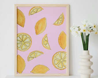 Pink lemon art print, citrus wall art, maximalist kitchen decor, fruit art print