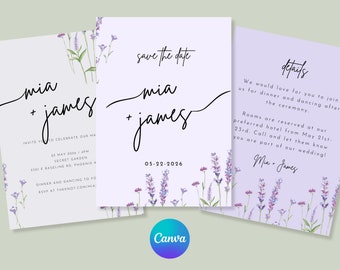 May include: Three rectangular wedding stationery cards with a light purple background and watercolor lavender illustrations. The text includes "save the date", "mia + james", "05-22-2026", and "details" along with event information.
