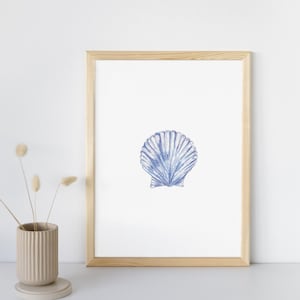 Blue scallop shell art print, printable coastal wall art, beachy seashell decor, nautical summer illustration, ocean wall art