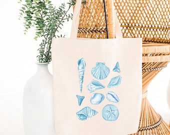 Canvas draagtas schelpen, blauwe aquarel strandtas, herbruikbare katoenen markttas kust