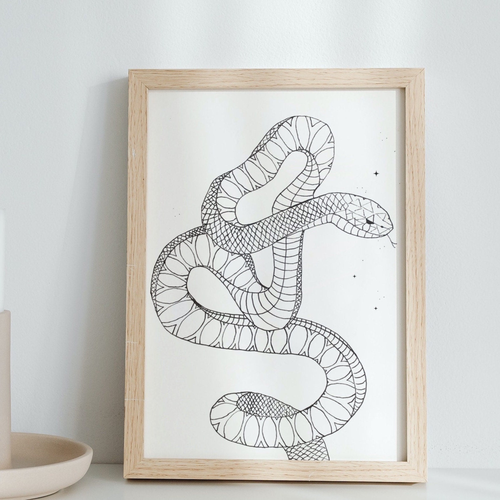 Boho Snake Art Print, Black & White Minimalist Serpent Drawing, Nature ...