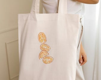 Orange Canvas Tote Bag, Fruit Tote for Farmers Market, Reusable Cotton Grocery Bag