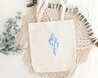 Seashell Canvas Tote Bag, Beach Tote Bag, Blue Coastal Reusable Cotton Tote, Ocean-Inspired Shopping Bag