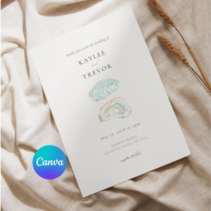 May include: A wedding invitation with the names Kaylee and Trevor, featuring watercolor illustrations of oyster shells. The invitation includes the date May 15, 2028, and the venue address. The Canva logo is visible in the bottom left corner.