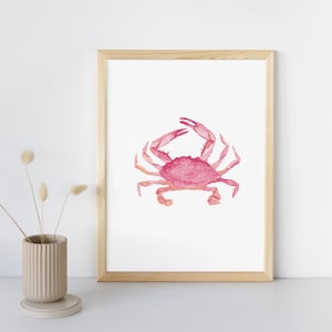 Art mural crabe, impression d&#39;art cottage crabe rose, décoration de maison de plage, art mural nautique rose, art côtier maximaliste